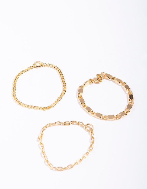 Real Gold Plated Simple Mixed Chain Ring 3 Pack