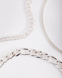 Echt verzilverd statement enkelbandje met gemengde ketting en trio - link has visual effect only