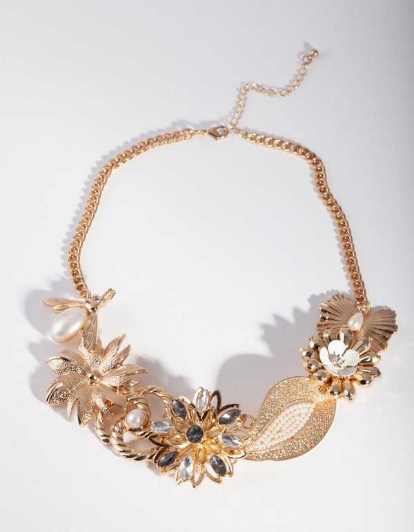 Gold Bee Flower and Pearl Necklace