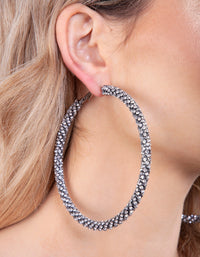 Kolczyki-koła z łańcuszkiem w kształcie miseczki i diamentami w kolorze gunmetal 80 mm - link has visual effect only