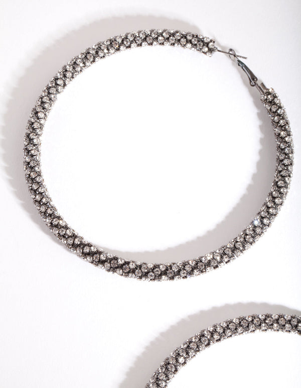 Kolczyki-koła z łańcuszkiem w kształcie miseczki i diamentami w kolorze gunmetal 80 mm