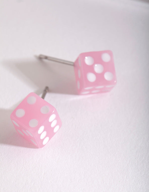 Kids Pink White Dice Earrings
