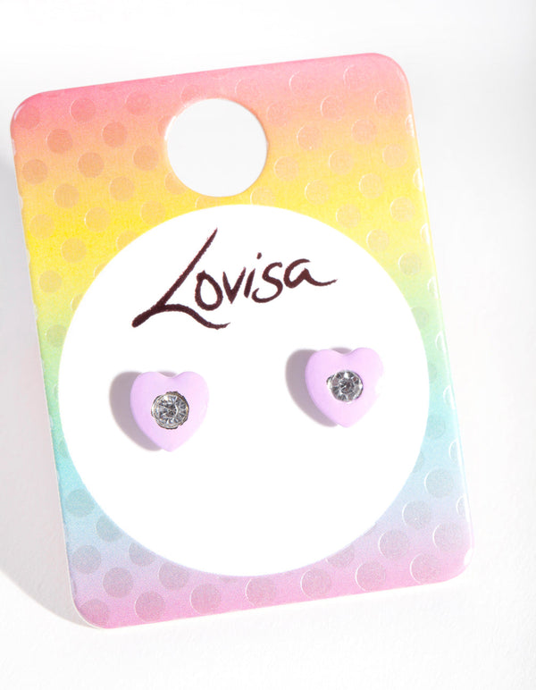 Kids Pink Diamante Heart Stud Earrings