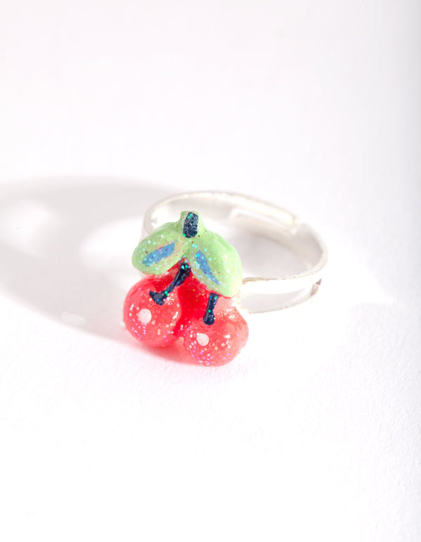 Kids Silver Glitter Cherry Ring