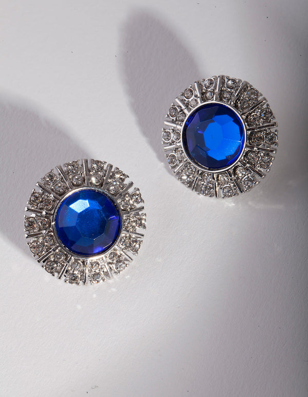 Rhodium Diamante Blue Gem Stud Earrings