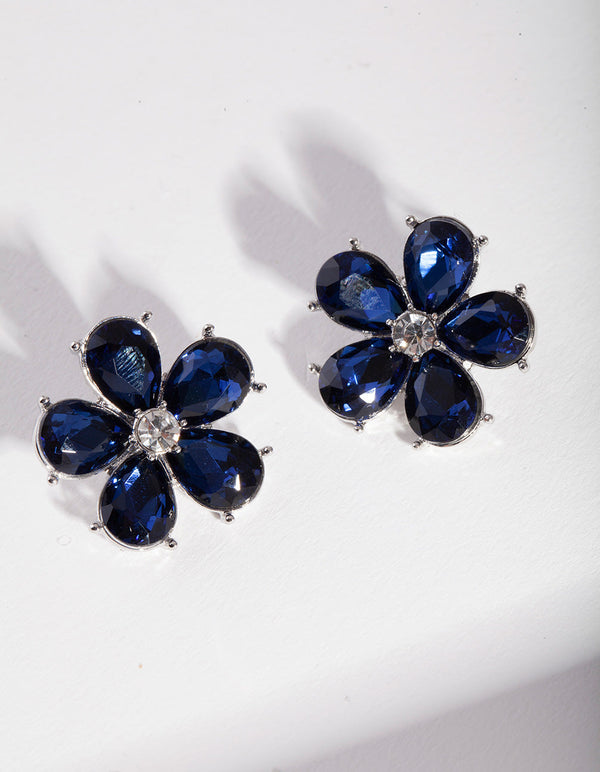 Rhodium Blue Stone Flower Stud Earrings
