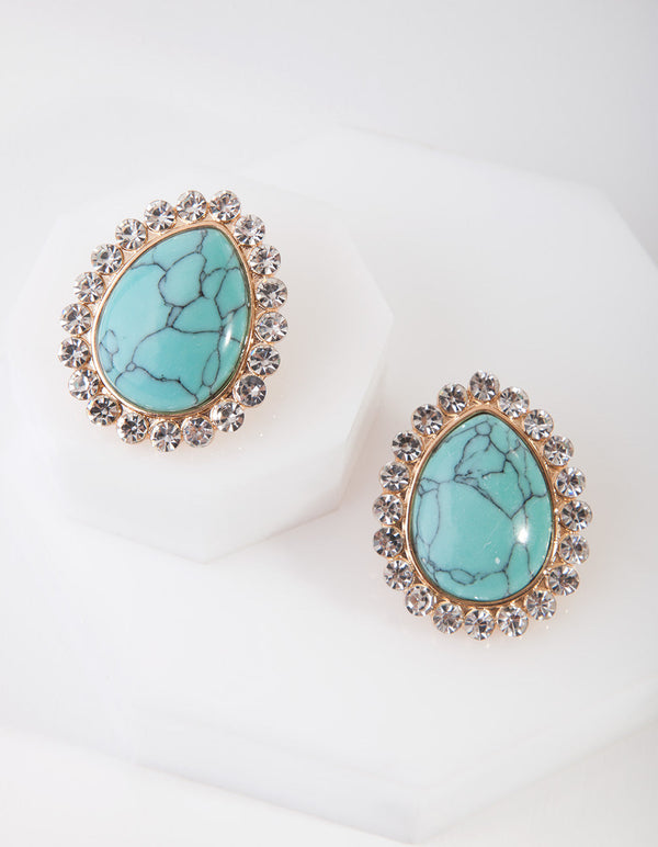 Gold Diamante Turquoise Stone Stud Earrings