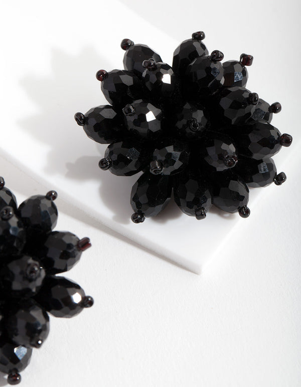 Black Faceted Flower Stud Earrings