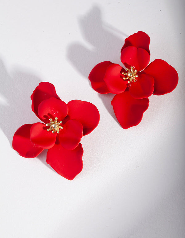 Coated Metal Four Petal Double Flower Stud Earrings