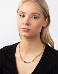 Real Gold Plated Rectangle Link Necklace - link has visual effect only
