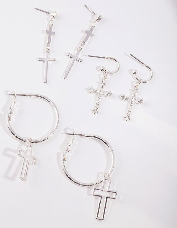 Silver Diamante Cross Earring 3 Pack