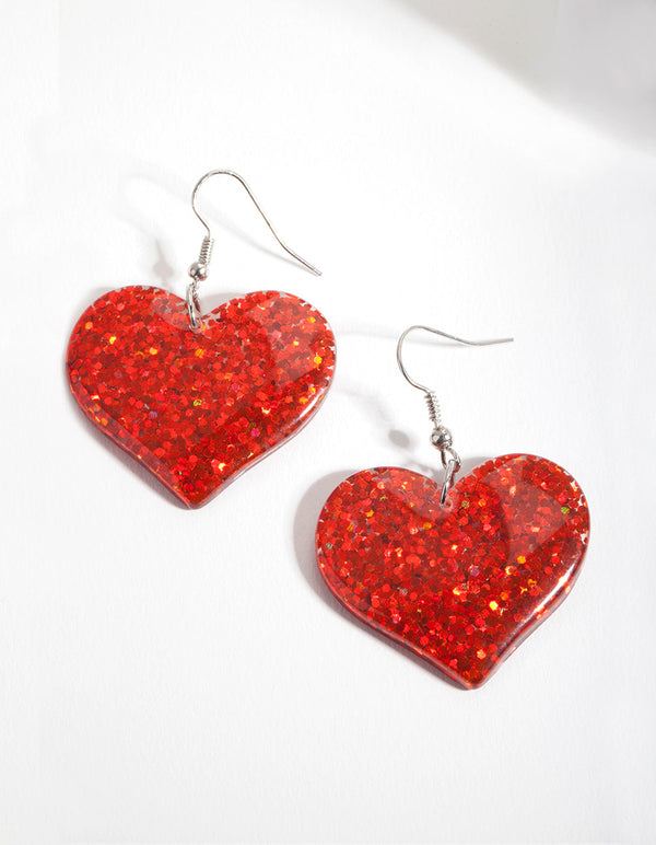 Red Glitter Heart Drop Earrings