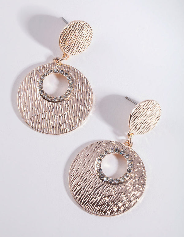 Rose Gold Textured Diamante Disc Earrings