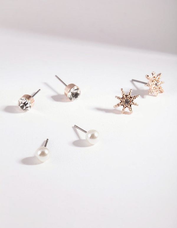 Rose Gold Pearly Diamante 3 Pack Earring