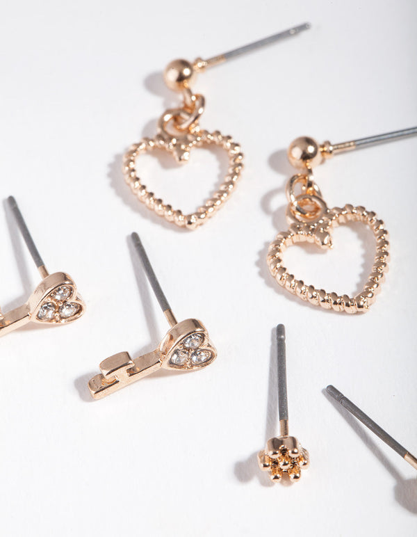 Gold Heart Key Earring 3 Pack