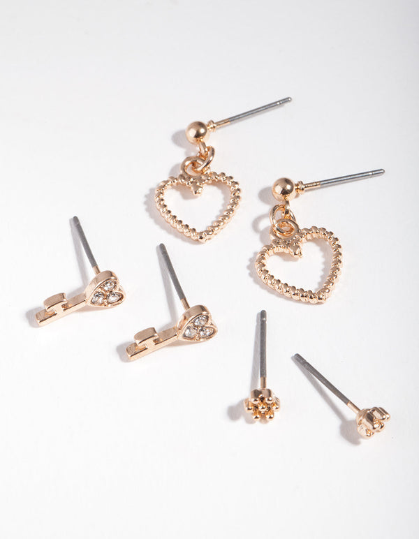 Gold Heart Key Earring 3 Pack