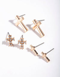 Gold Diamante Cross Earring 3 Pack - link has visual effect only