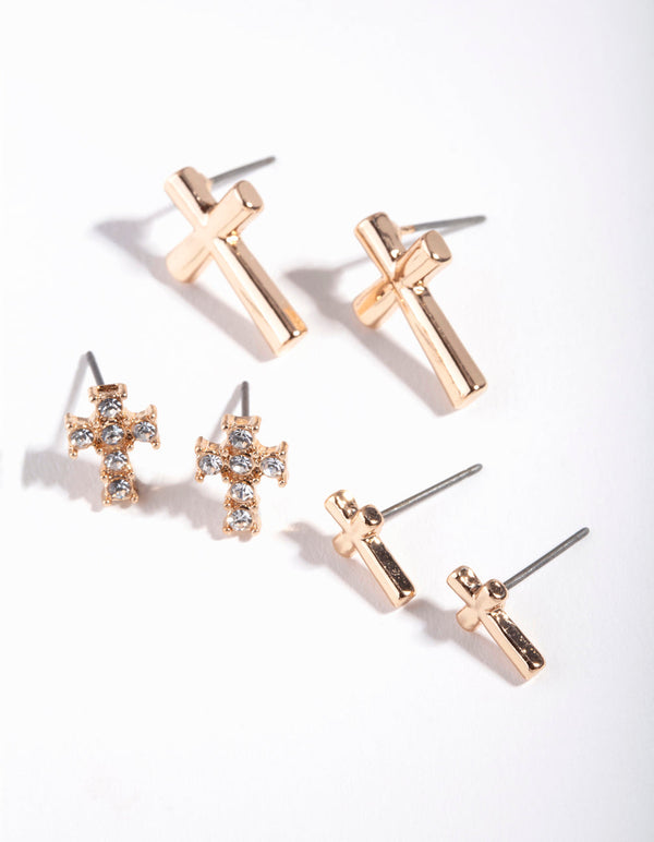 Gold Diamante Cross Earring 3 Pack