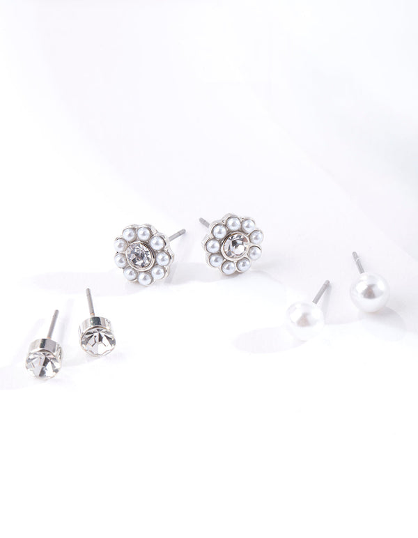 Pearly Diamante Stud Earring 3 Pack