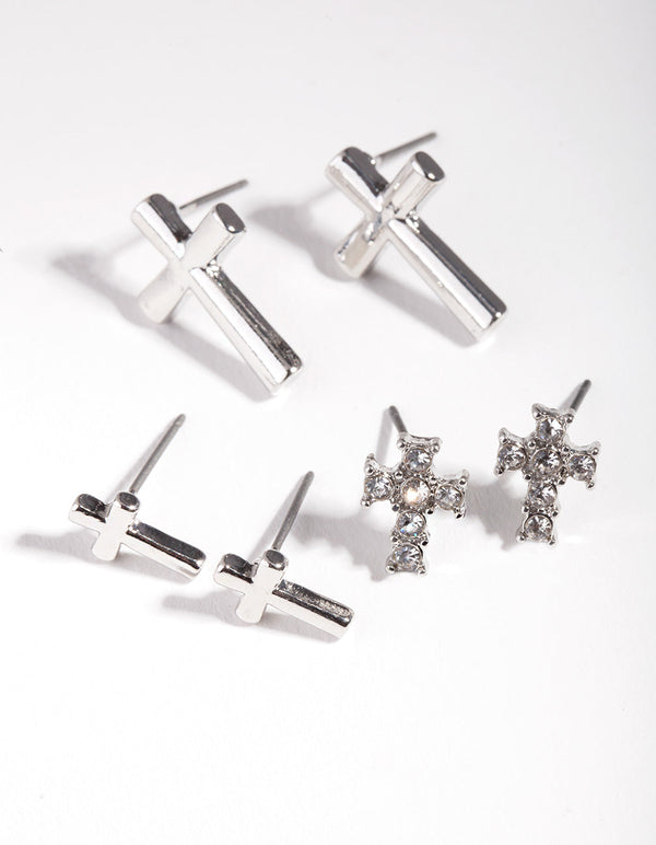 Rhodium Diamante Cross Earring 3 Pack
