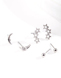 Silver Star and Moon Stud Earring 3 Pack - link has visual effect only