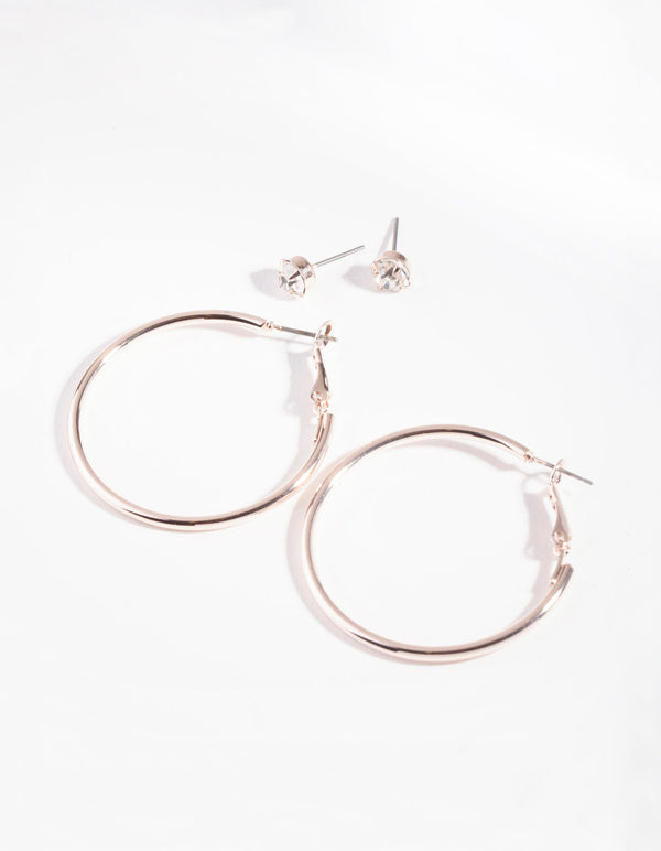 Rose Gold Clean Diamante Hoop Earring 2 Pack