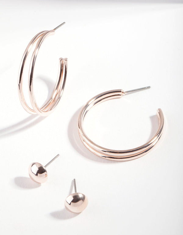 Rose Gold Double Hoop Stud Earring Pack
