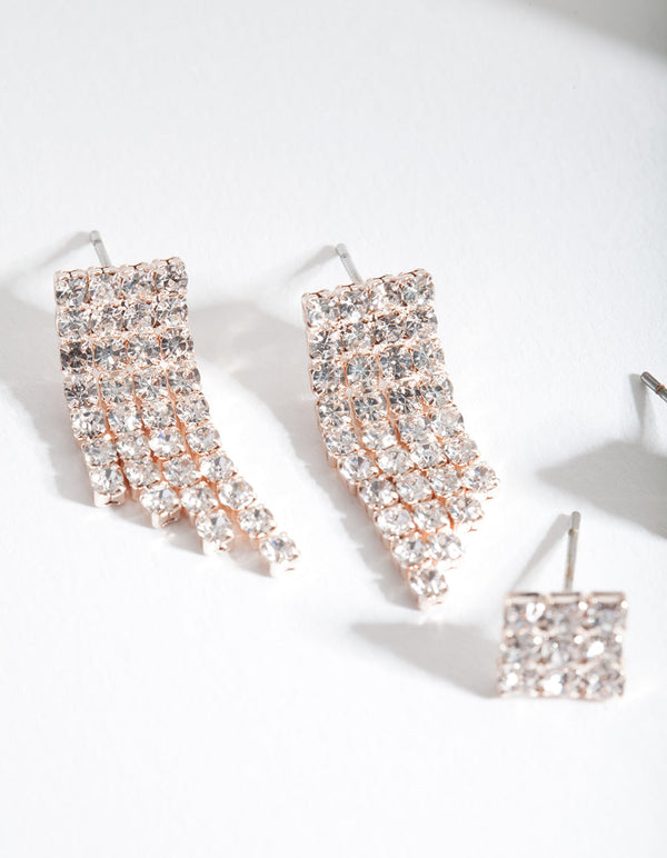 Rose Gold Diamante Chain Earring Pack