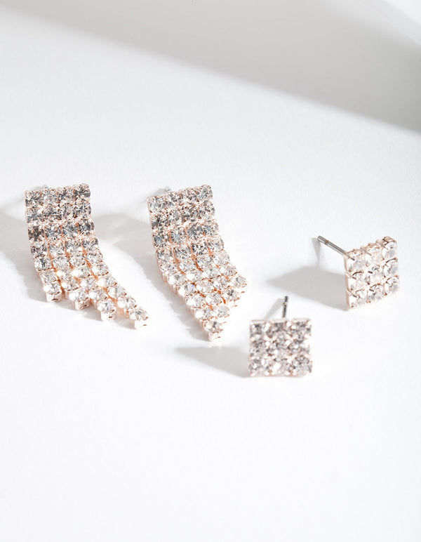 Rose Gold Diamante Chain Earring Pack