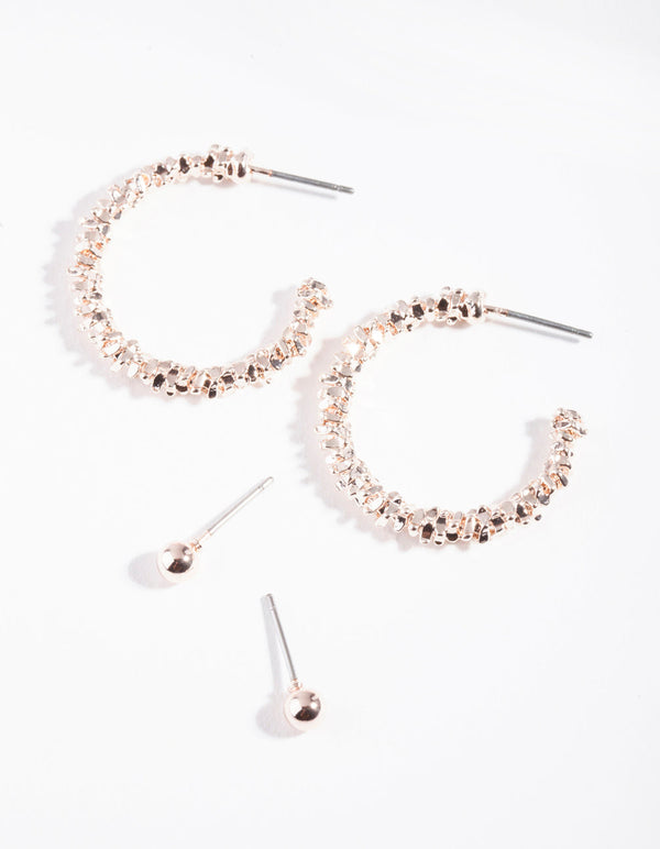 Rose Gold Textured Shiny Hoop Earring 2 Pack