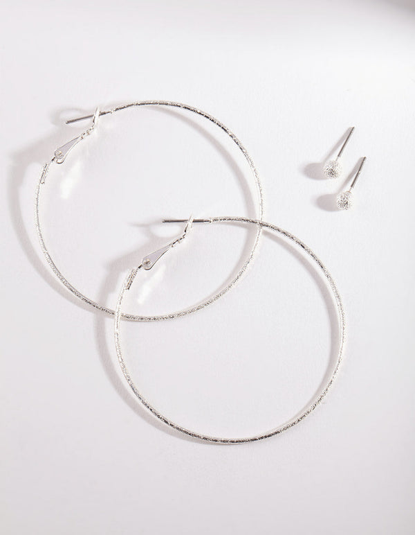 Silver Thin Textured Earring 2 Pack