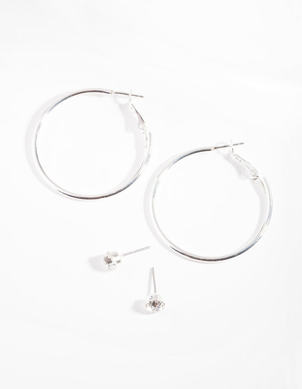 Silver Hoop and Diamante Stud Earring 2 Pack
