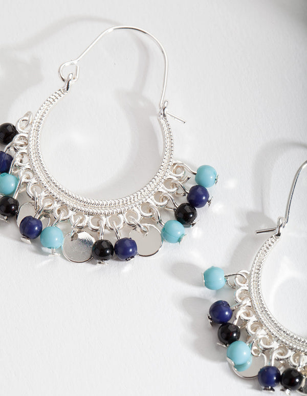 Silver Blue Jingle Hoop Earrings