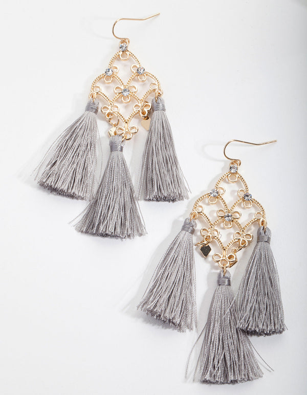 Gold and Grey Tassel Earrings