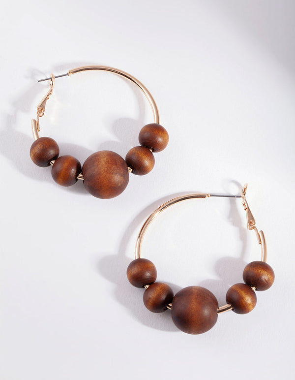 Gold Wooden Ball Hoop Earrings