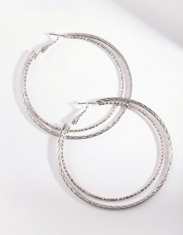 Rhodium Double Texture Hoop Earrings