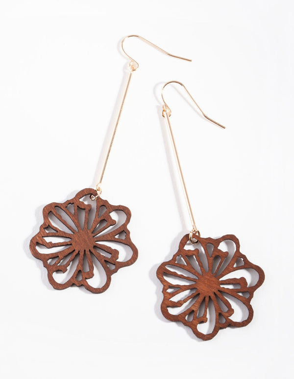 Brown Gold Flower Drop Earrings