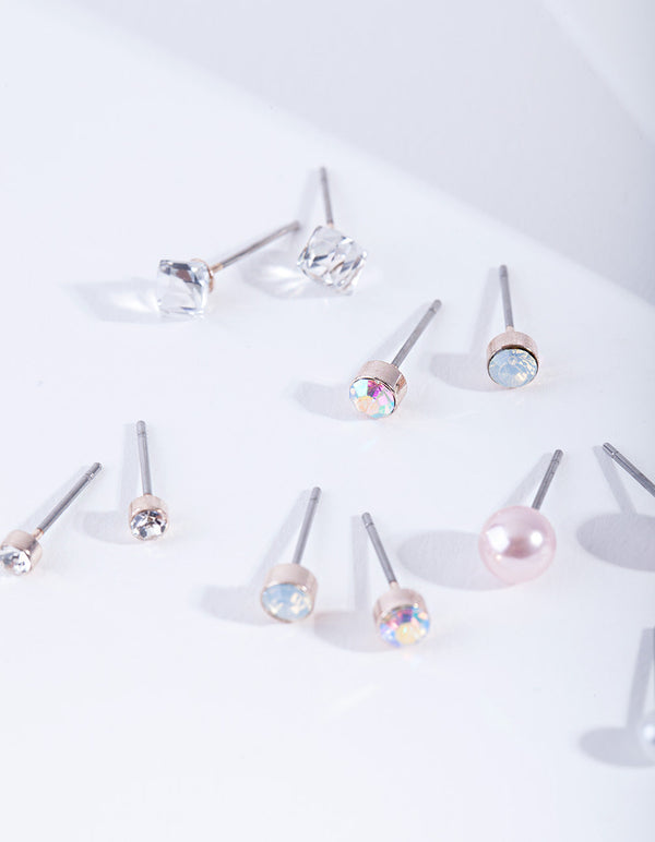 Kids Rose Gold Diamante Pearl Stud Earring 6 Pack
