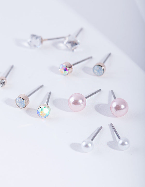 Kids Rose Gold Diamante Pearl Stud Earring 6 Pack
