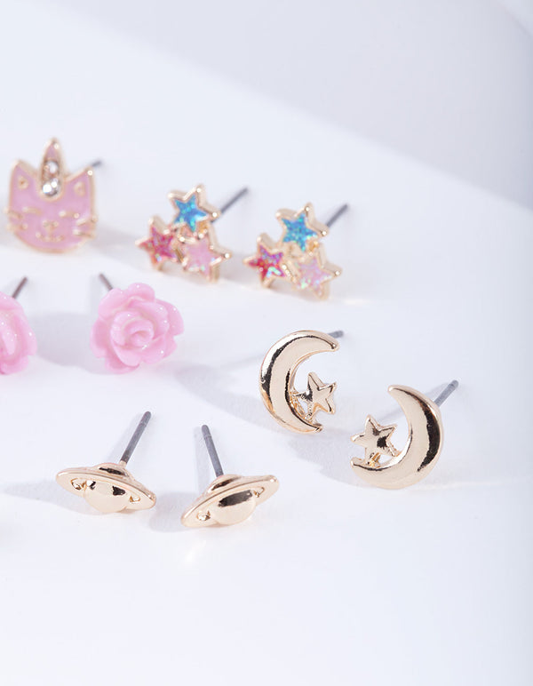 Kids Gold Planet Stud Earring 6 Pack