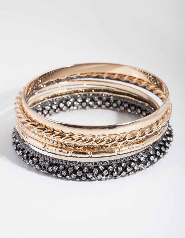 Black and Gold Diamante Bangle 7 Pack
