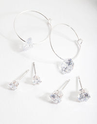 Silver Cubic Zirconia Stud and Hoop Diamante Earring 3 Pack - link has visual effect only