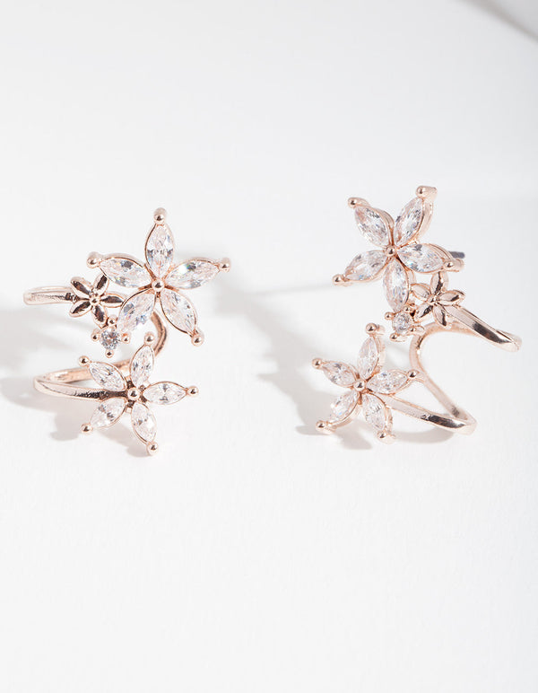 Rose Gold Cubic Zirconia Flower Crawler Earrings