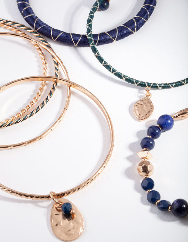 Gold Blue Thread-Wrap Bangle 7 Pack