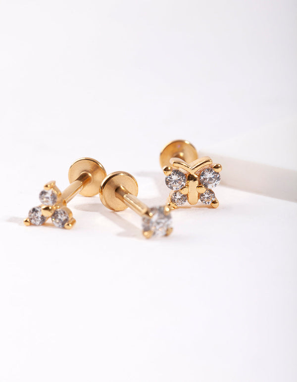 Gold Surgical Steel Butterfly Flat Back 3-Pack