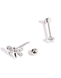 Silver Surgical Steel Cubic Zirconia Dragonfly Barbell 2-Pack - link has visual effect only