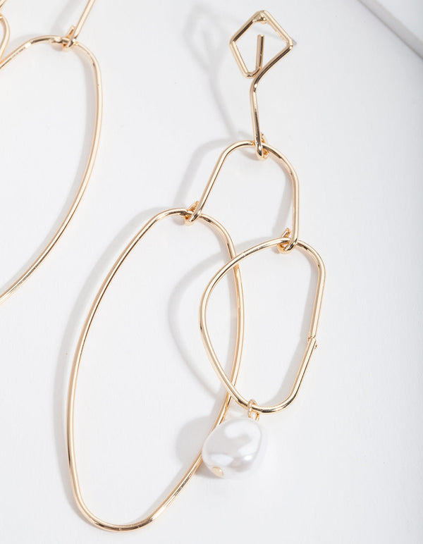 Gold Organic Shape and Pearl Drop Earrings