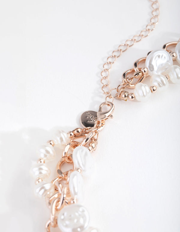 Rose Gold Layered Pearl and Chain Necklace