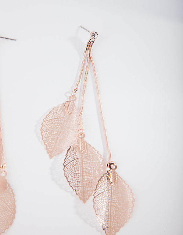 Rose Gold Waterfall Leaf Drop Earrings
