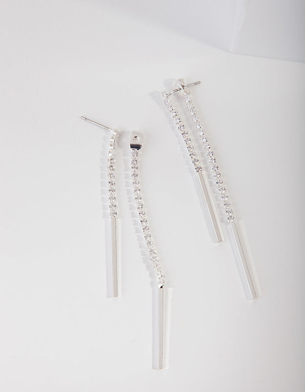 Silver Cubic Zirconia Cupchain and Bar Drop Earrings